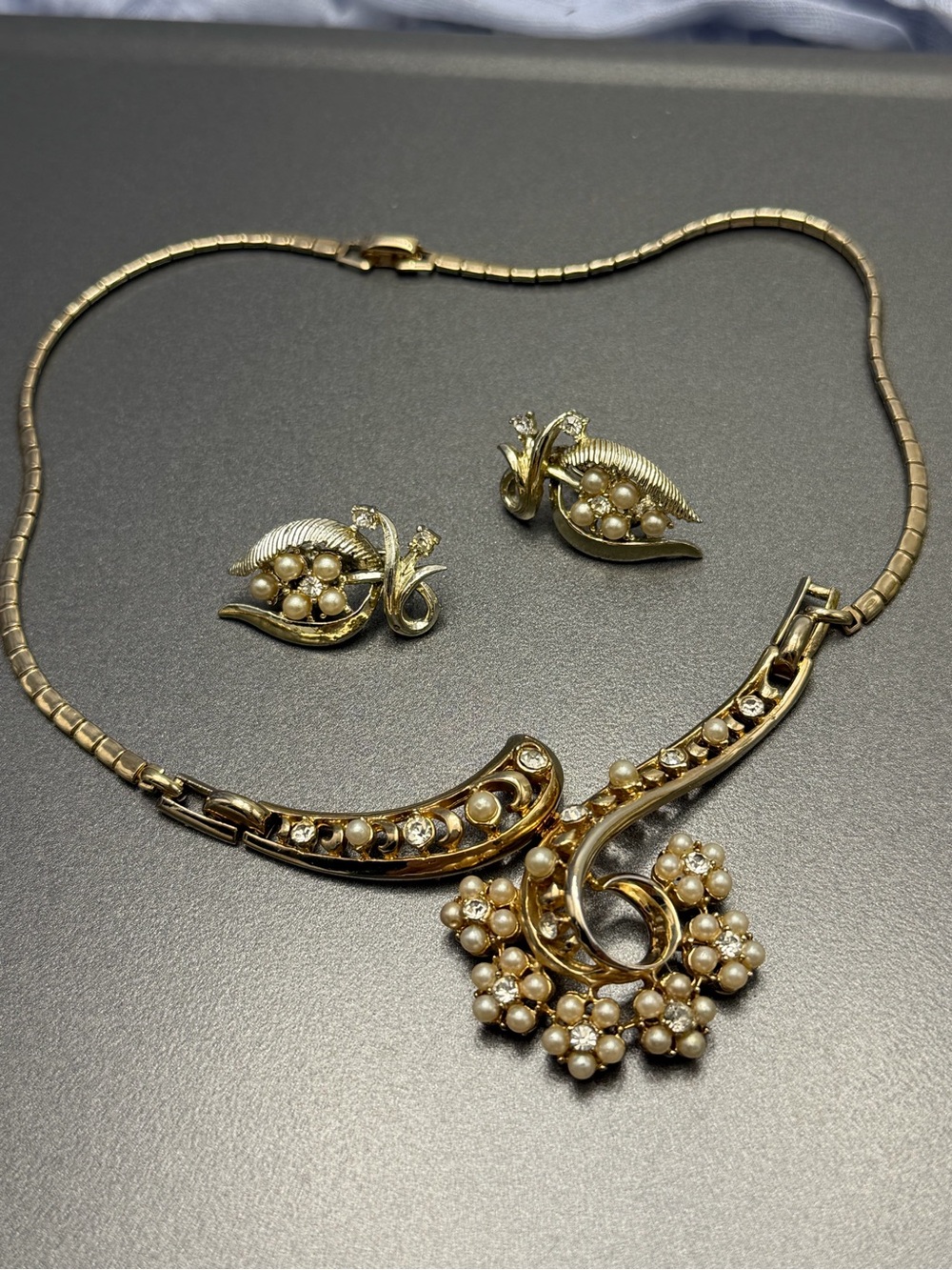 Vintage Coro Pearl and Rhinestone Necklace with Clip-On Earrings